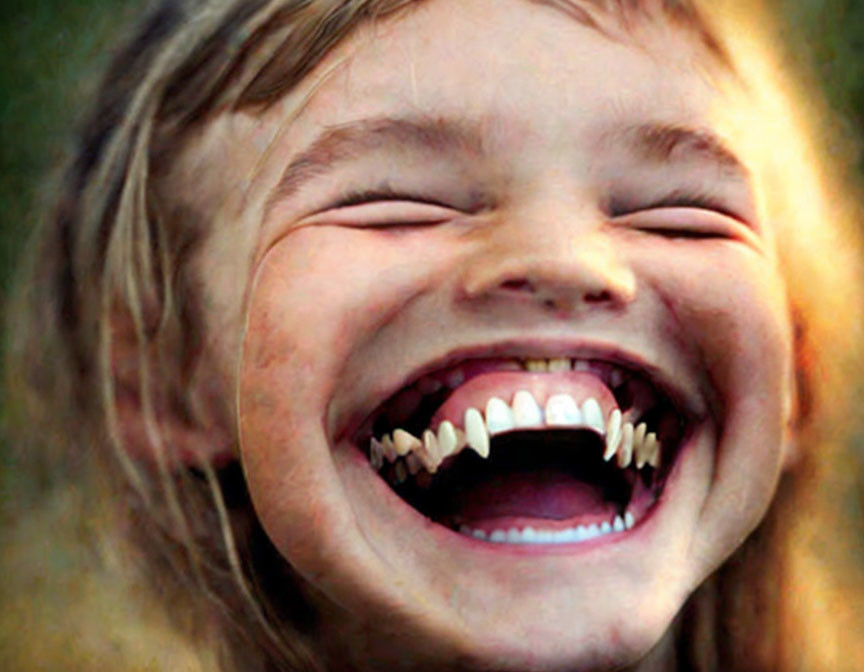 Smiling child with teeth showing in outdoor setting