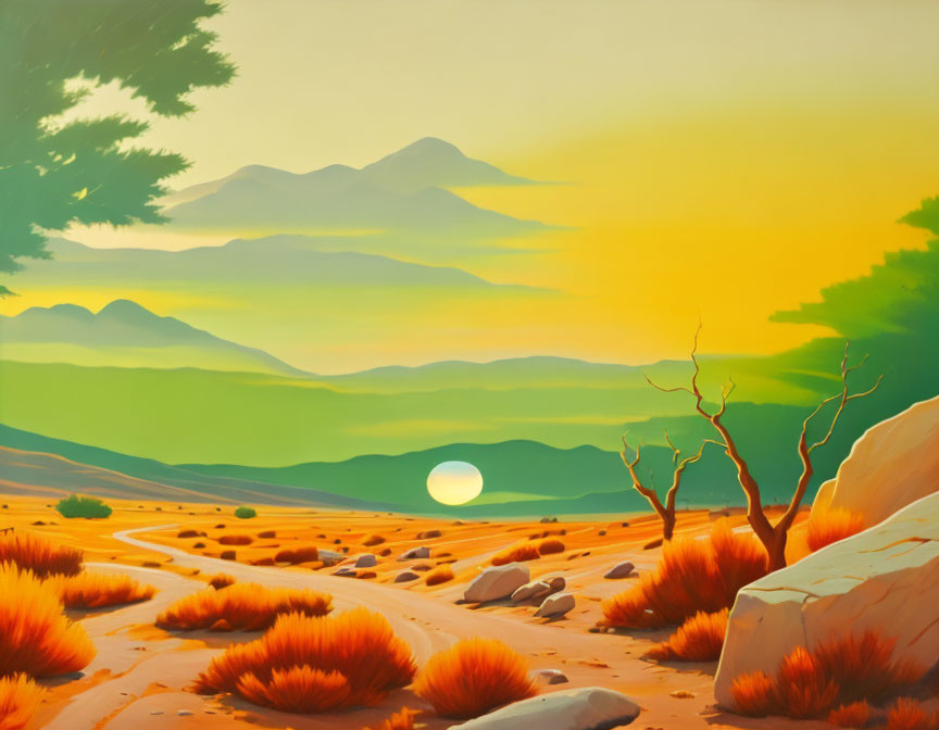 Colorful desert sunset with mountains and sparse vegetation