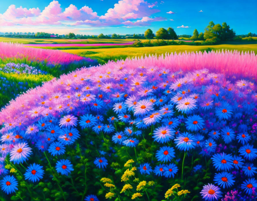 Colorful field of purple and pink flowers under a bright blue sky