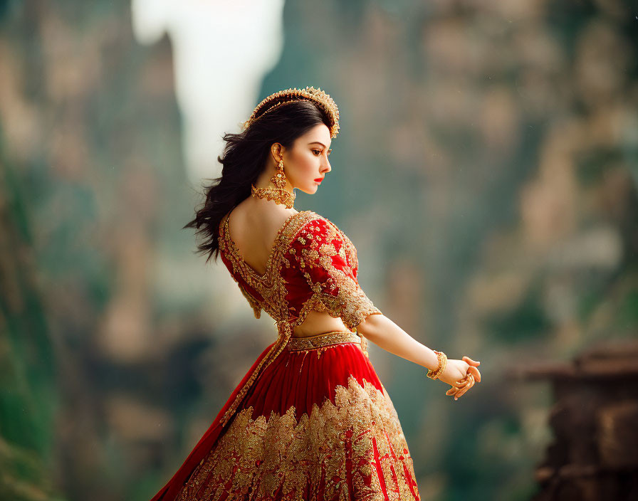 Elaborate red dress with golden embroidery on woman against misty mountain peaks