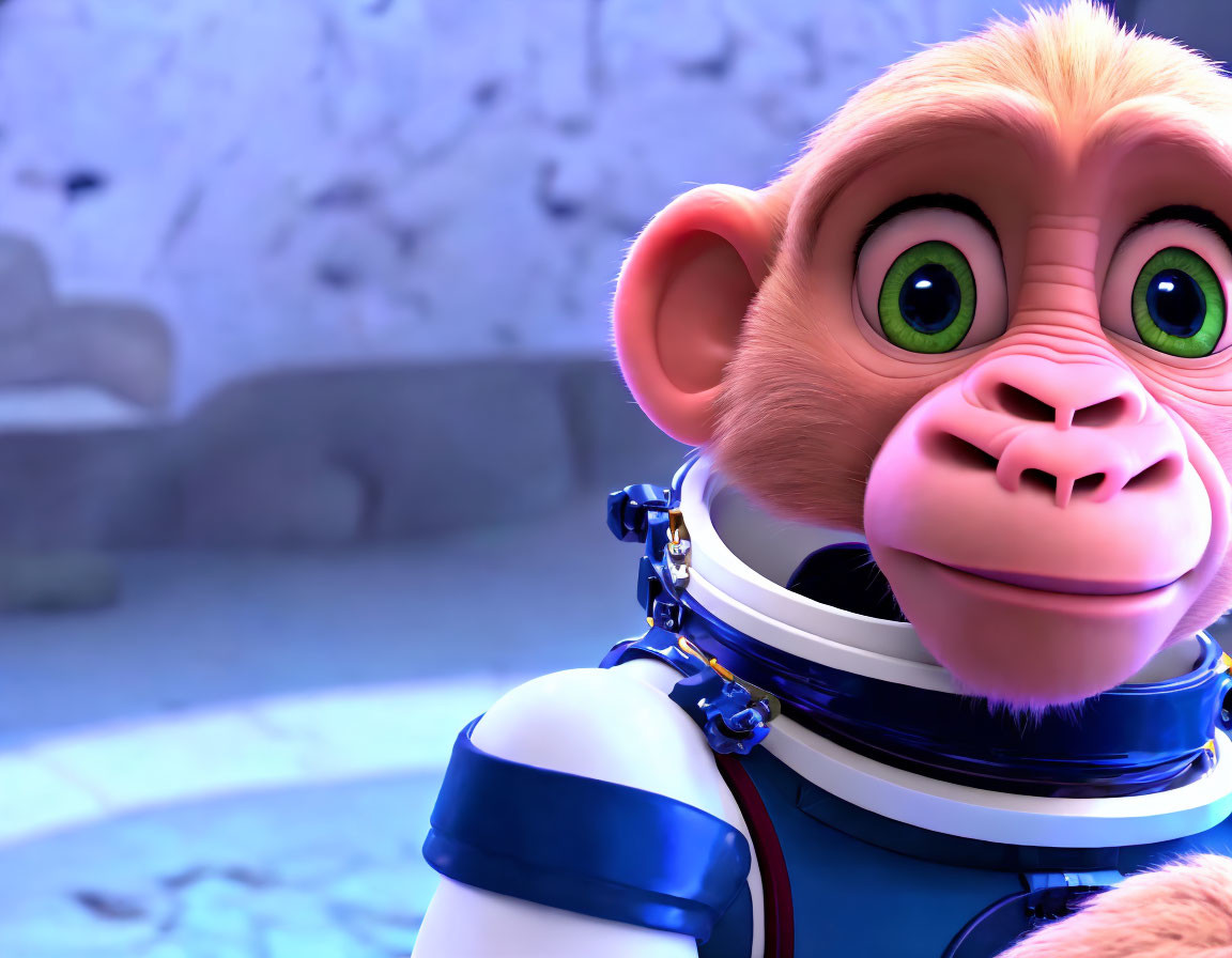 Curious 3D animated monkey in spacesuit with large green eyes