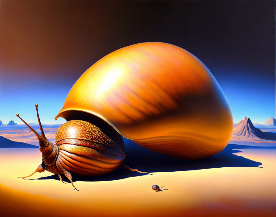 Giant orange snail in surreal desert landscape