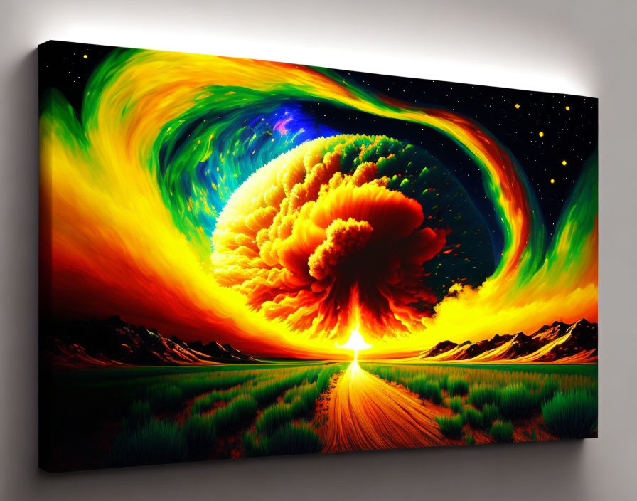 Colorful Canvas Print of Cosmic Explosion with Rainbow and Stars