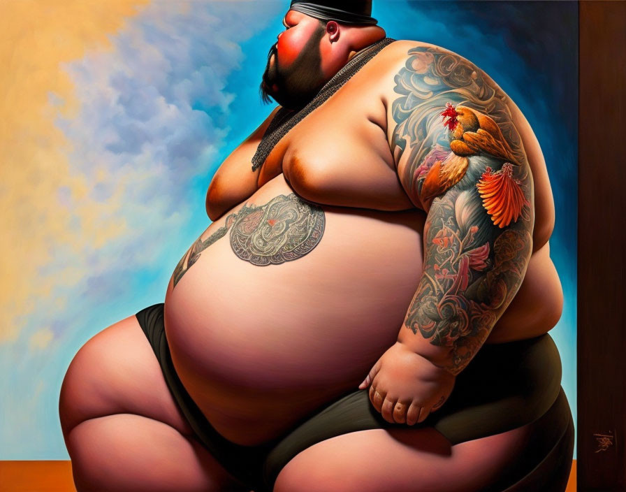 Large man with tattoos in contemplative pose against colorful backdrop