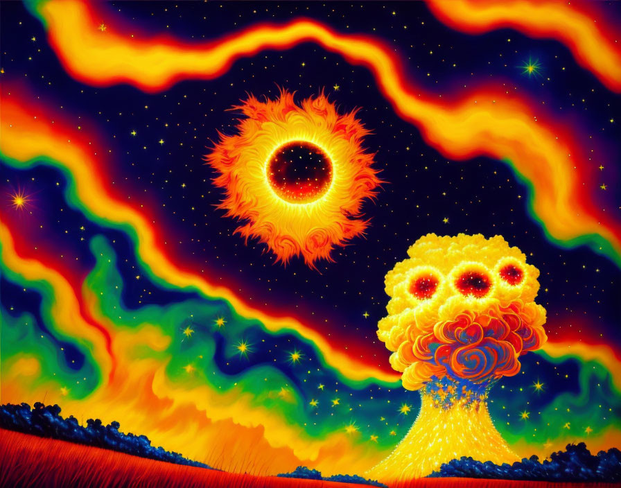 Colorful surreal cosmic scene with fiery eye and explosive flower structure.