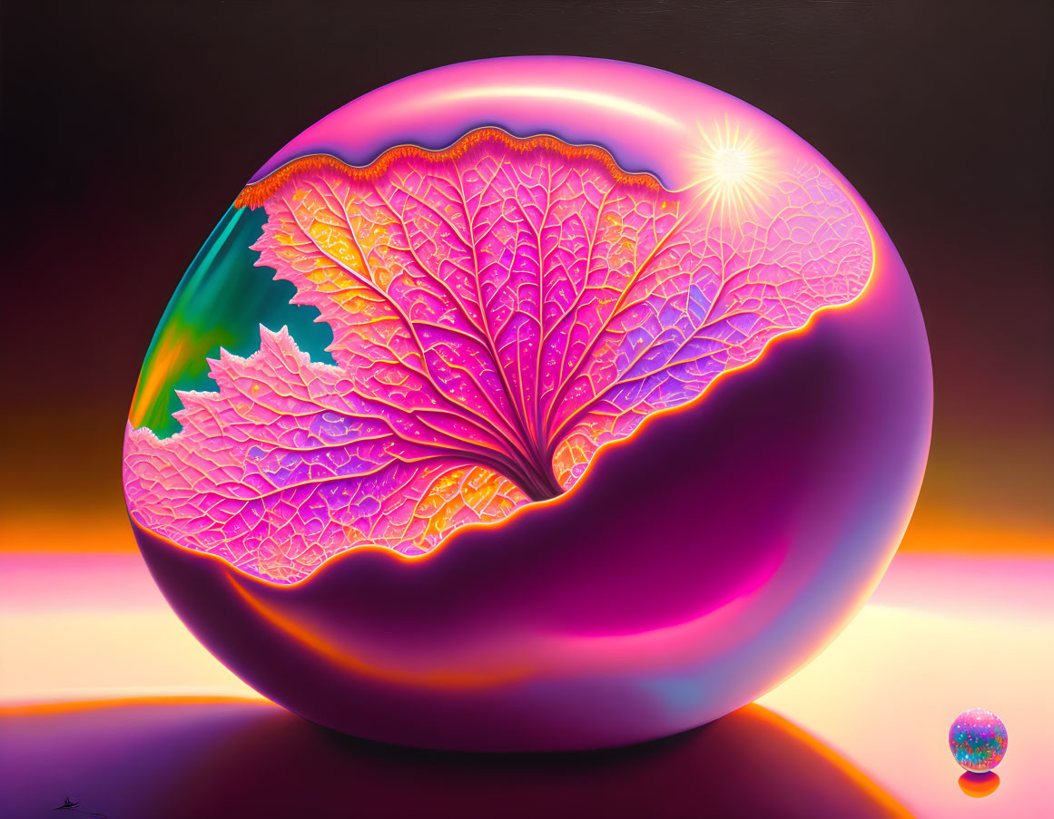 Colorful surreal artwork: large glossy sphere with leaf pattern, smaller sphere, warm sunset background