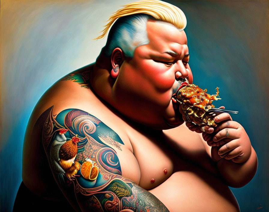 Colorful stylized image of tattooed person with blue hair eating chicken leg