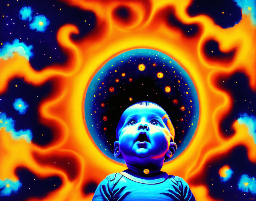 Vibrant blue-toned infant in cosmic backdrop with fiery orange swirls