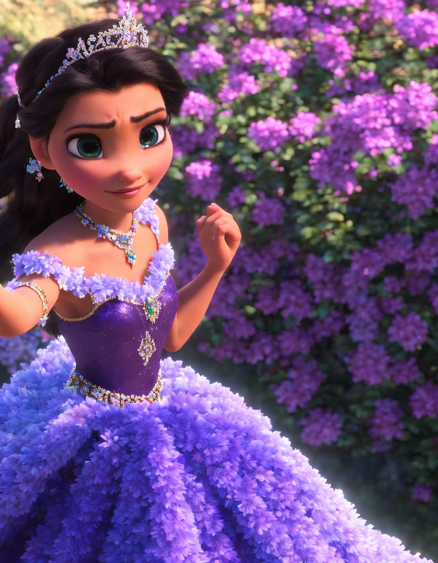 Dark-Haired Princess in Blue Dress Surrounded by Purple Flowers