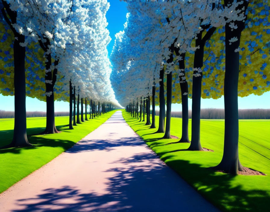 Tranquil Path with Blossoming Trees under Blue Sky