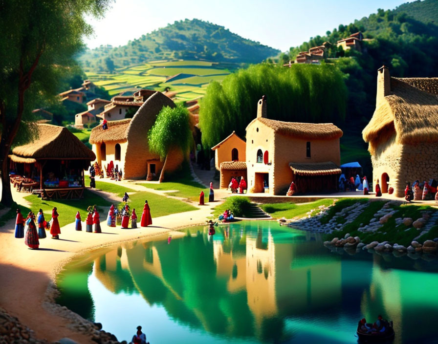 Traditional village scene with thatched-roof houses, serene pond, lush hills, and colorful attire.