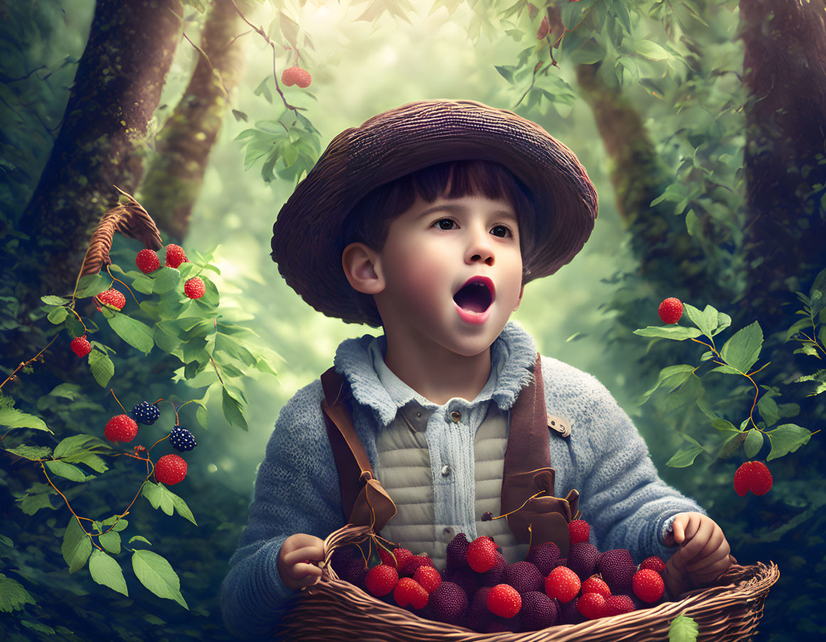 Child in Straw Hat Holding Basket of Strawberries Outdoors