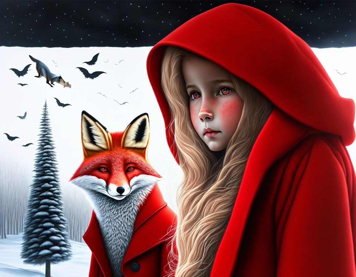 Girl in Red Hooded Cloak with Fox in Snowy Landscape and Starry Night Sky