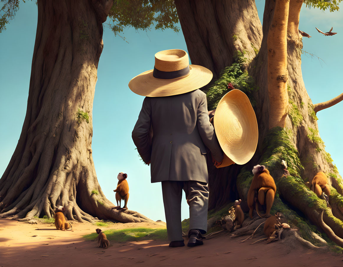 Person with oversized hats among monkeys in sunlit forest with giant trees