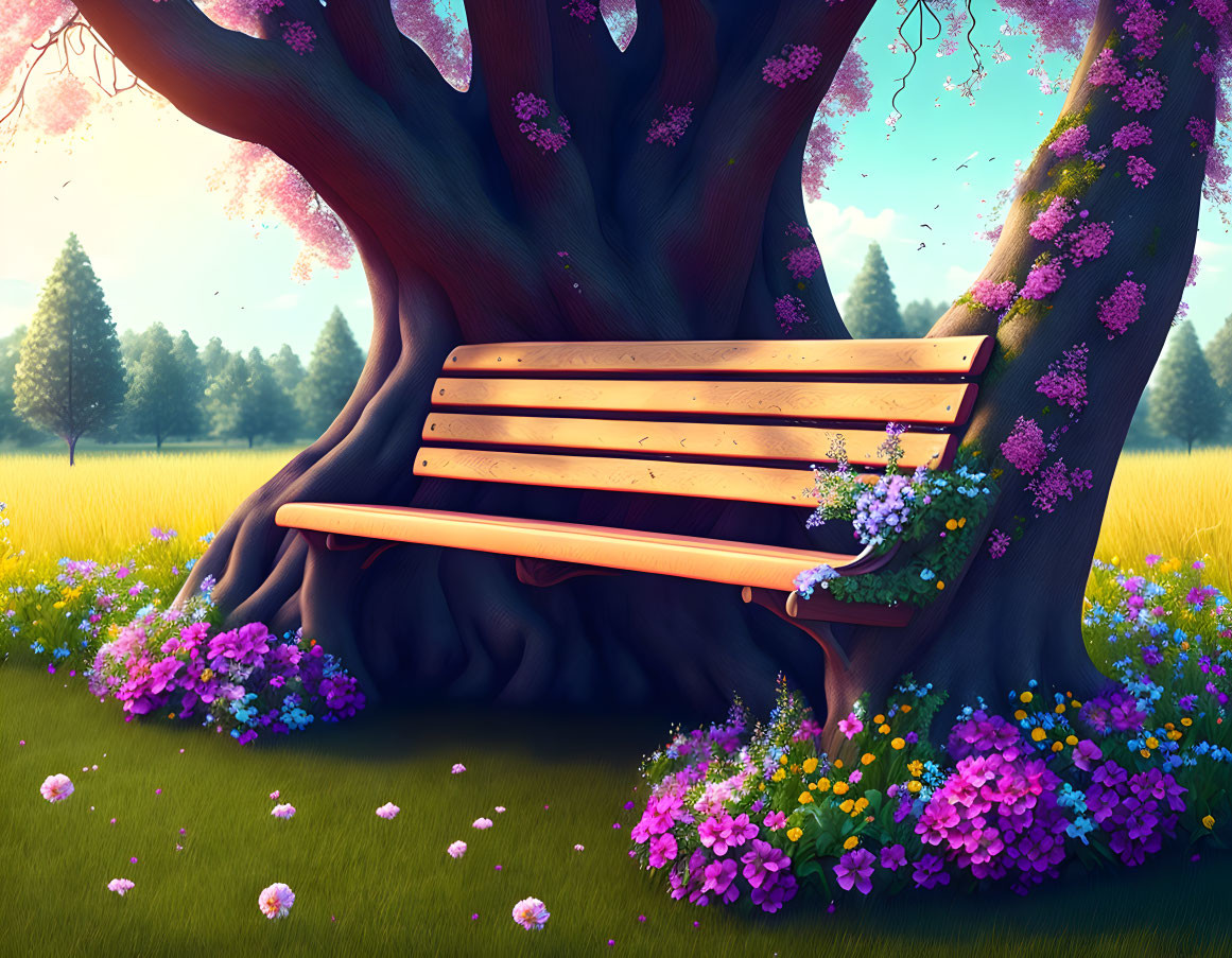 Wooden Bench Surrounded by Pink Blossoms and Colorful Flowers in Sunlit Park