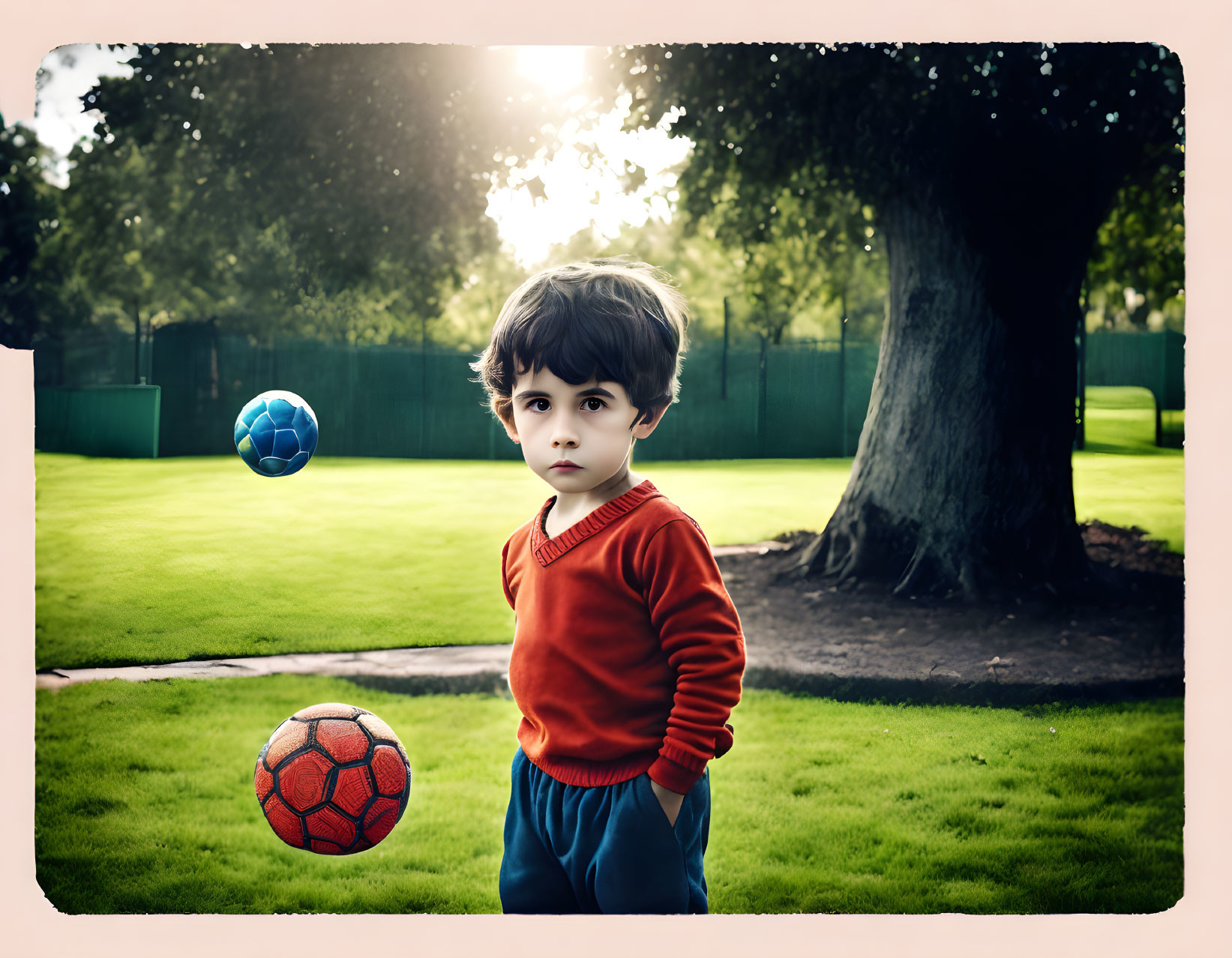 Child in red sweater playing soccer outdoors