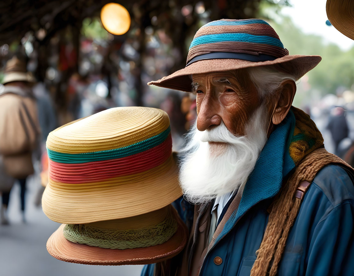 Elderly man selling colorful straw hats in market scene