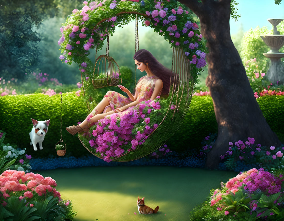 Tranquil garden scene with woman on floral swing, white cat, colorful flowers, and small dog