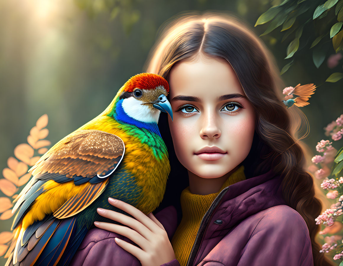 Digital Artwork: Young Girl with Blue Eyes Holding Colorful Bird