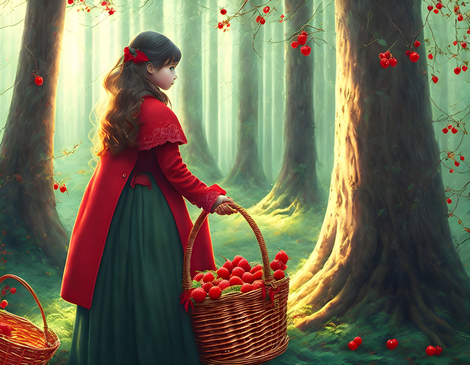 Girl in Red Cloak Stands in Sunlit Forest with Berries