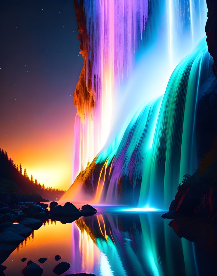 Surreal digital art: vibrant waterfall under neon lights