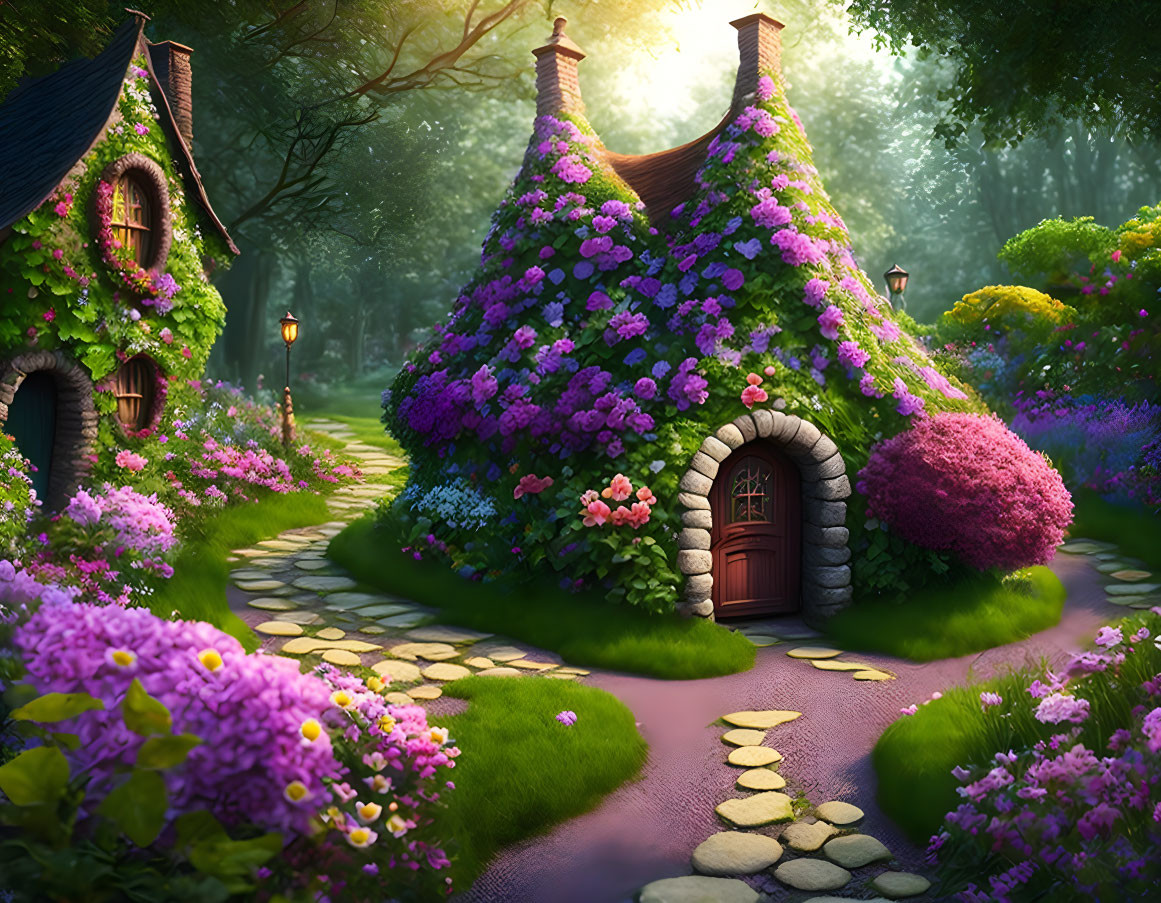 Fairy Tale Cottages Covered in Purple Flowers in Lush Forest