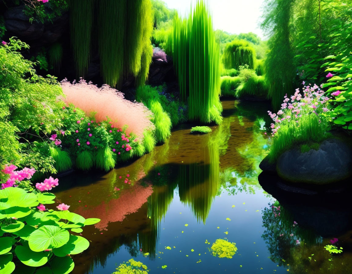 Lush Green Garden with Pink Flowers and Weeping Willows