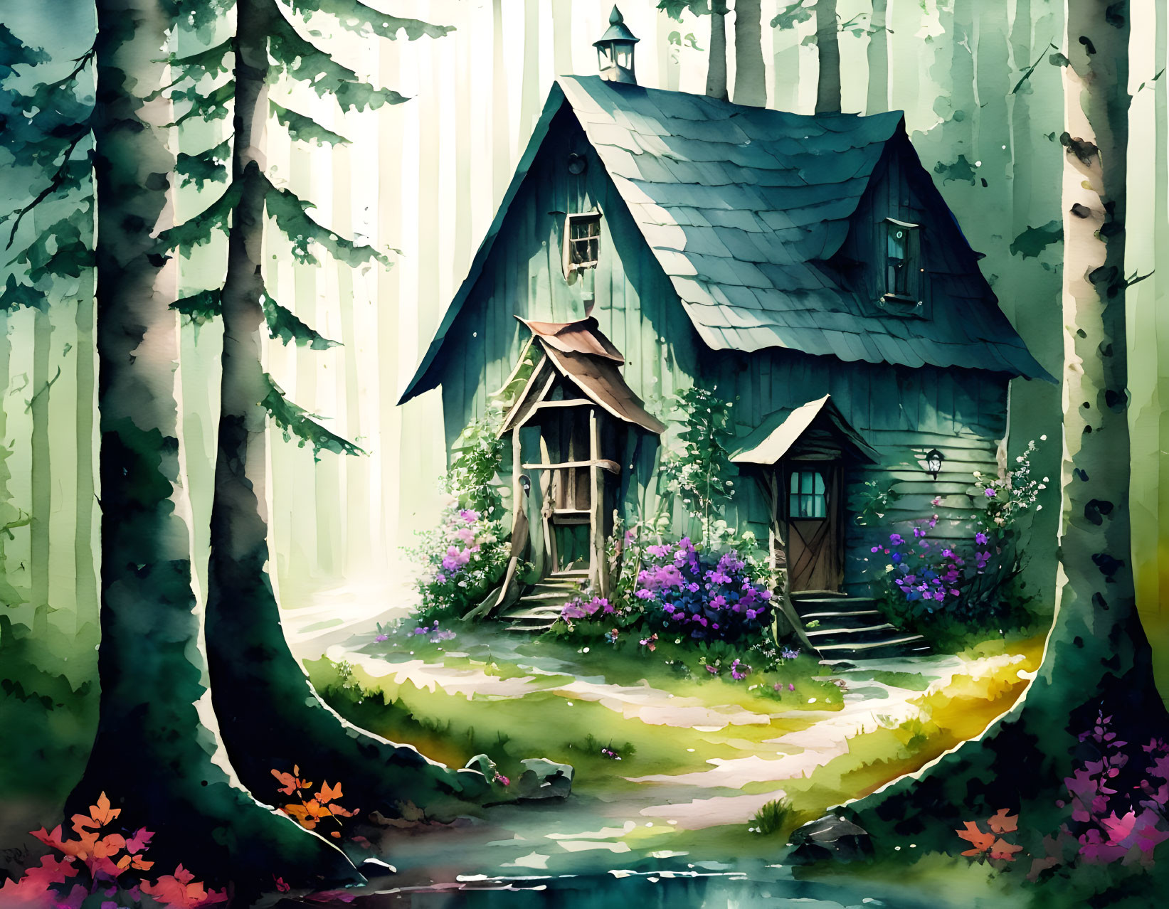 Blue Cottage Surrounded by Forest, Flowers, and Stream