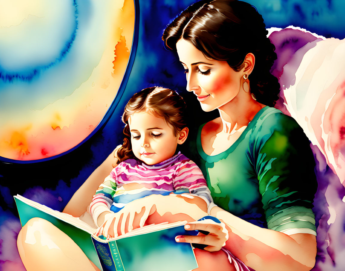 Vibrant mother-daughter book reading illustration