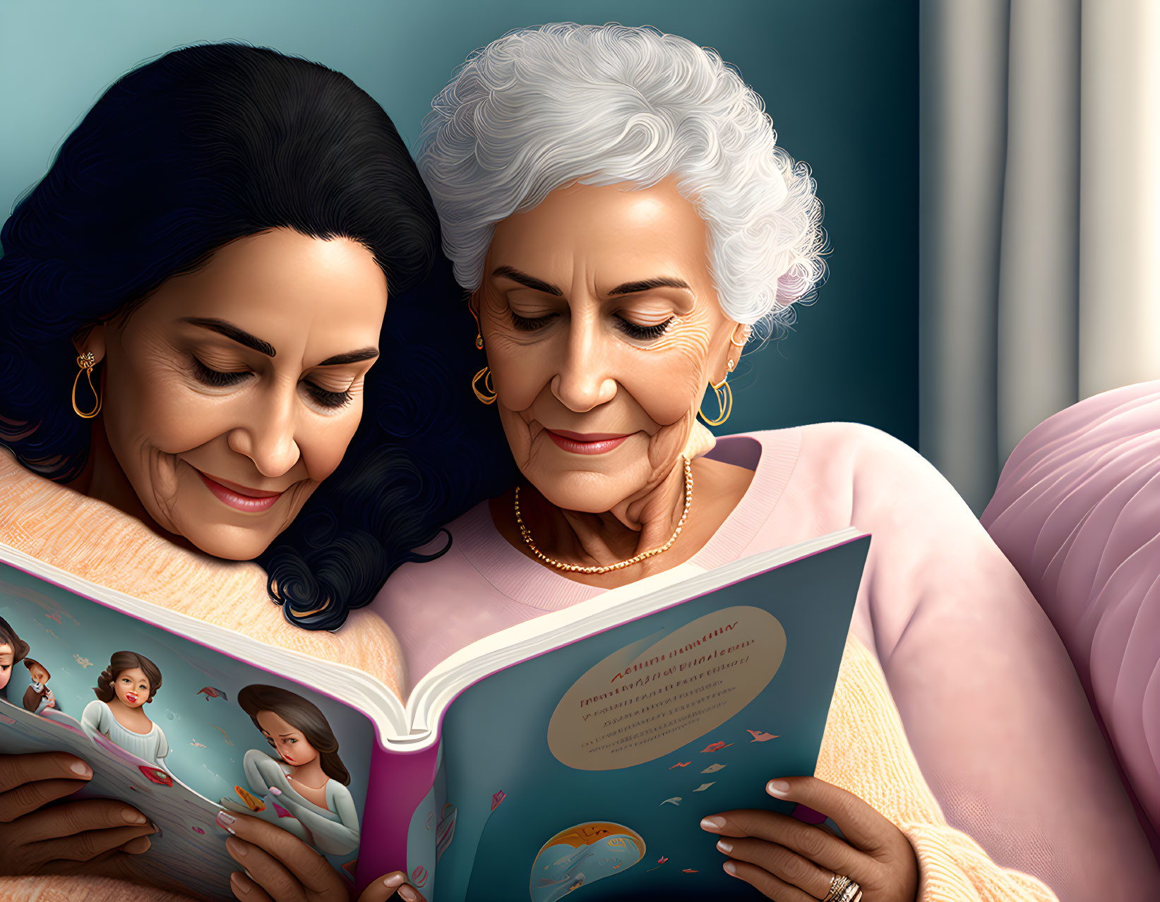 Two women smiling at a storybook, showing familial bond