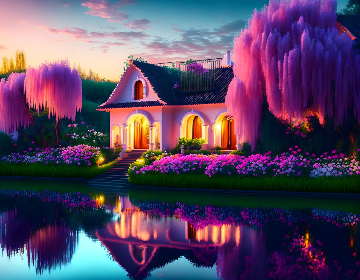 Lakeside house at dusk with wisteria trees and flowerbeds