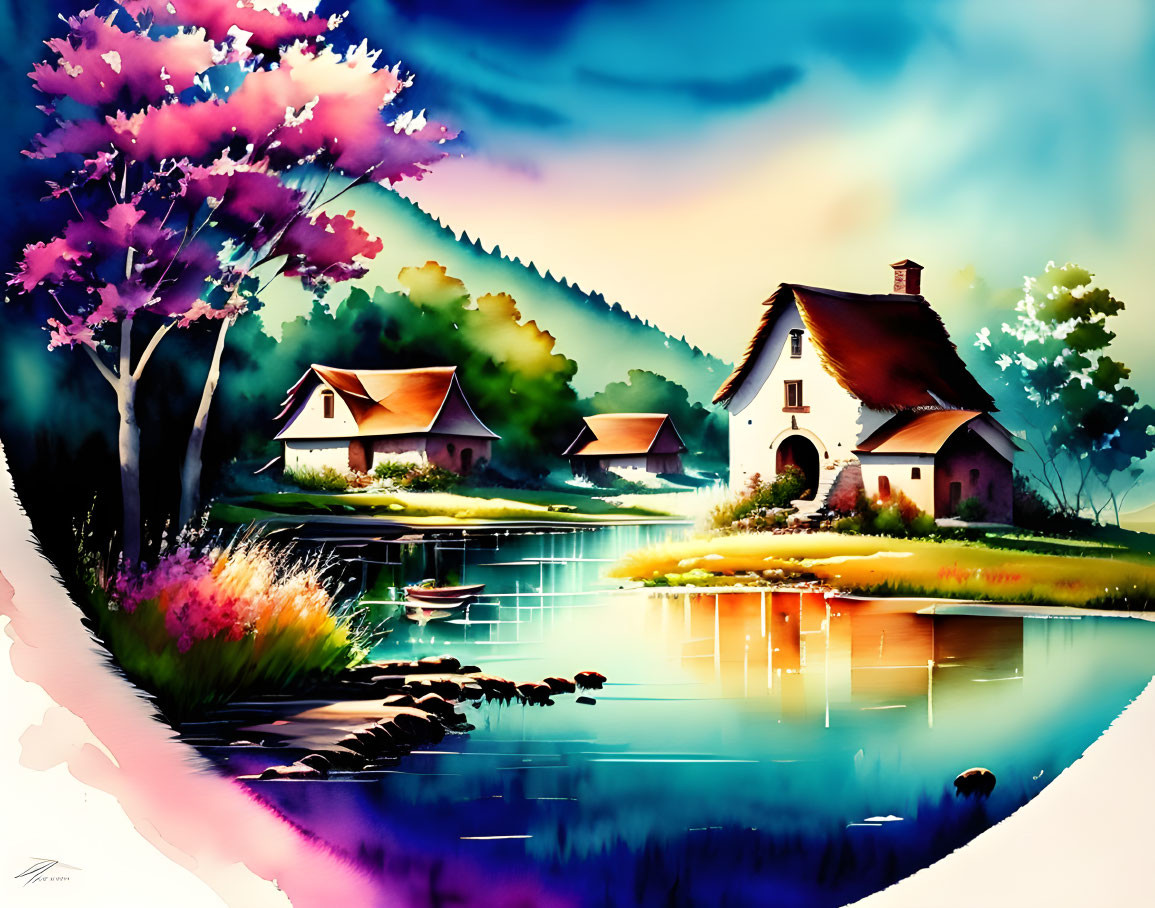 Serene watercolor painting of countryside homes by a lake