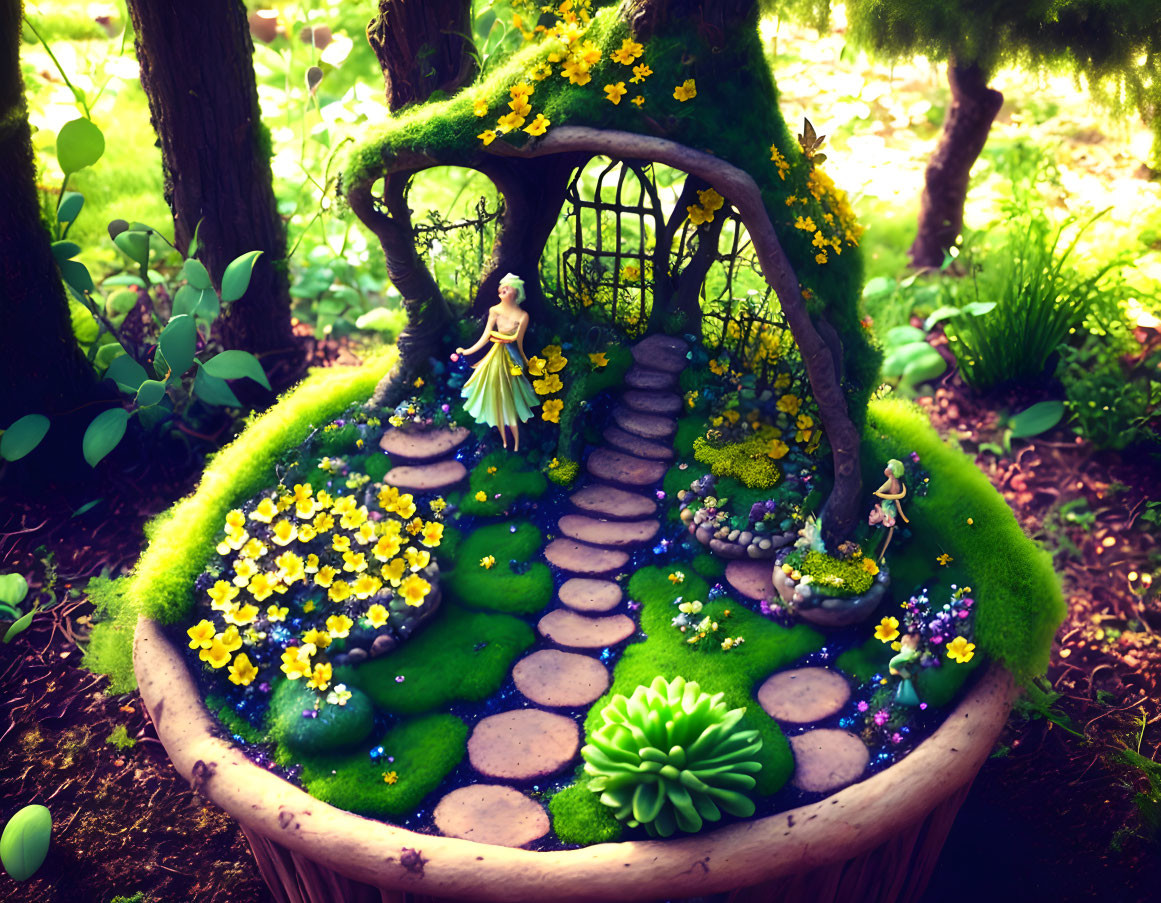 Miniature fairy garden with treehouse, moss, plants, stones, and figurines