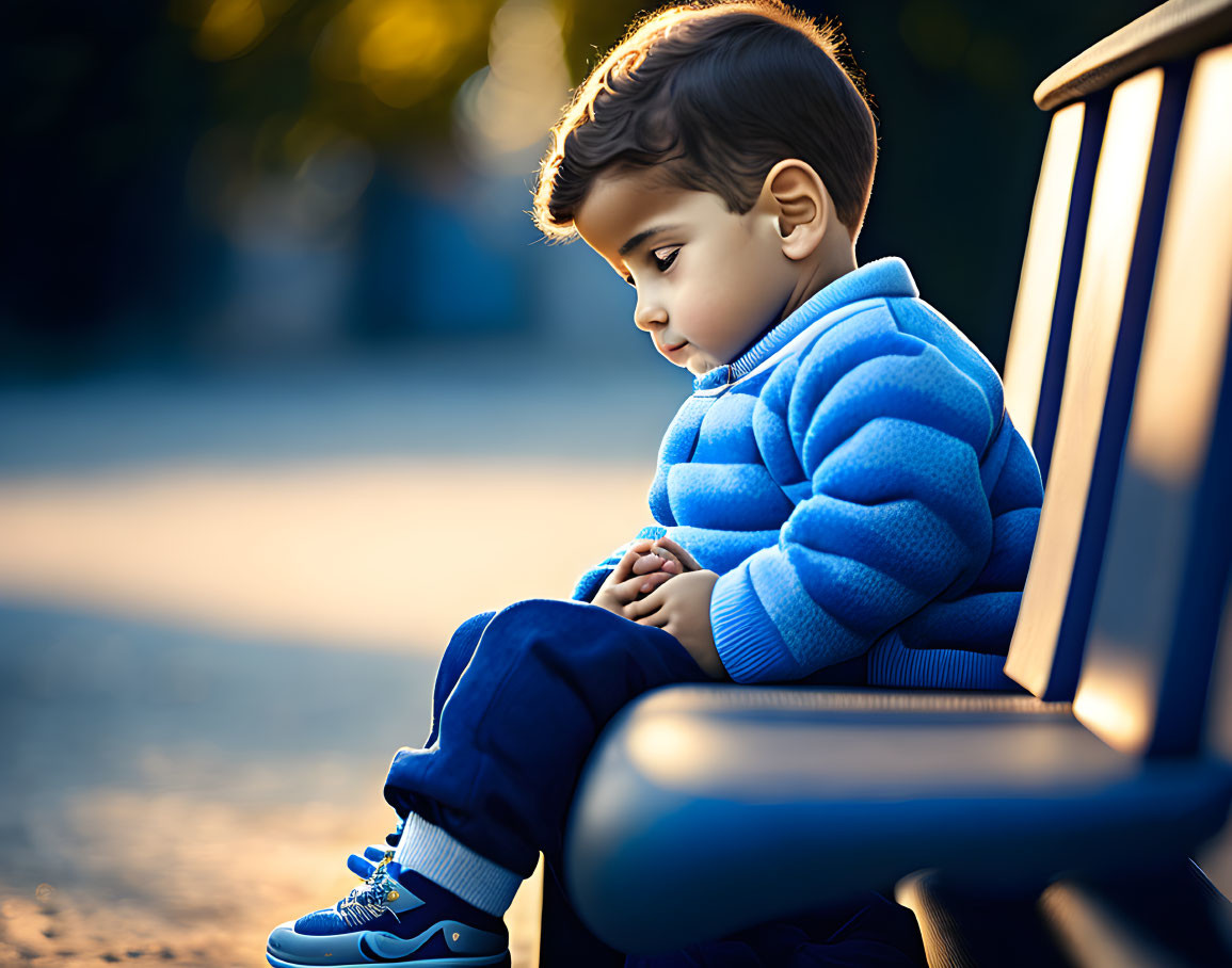 Young child in blue sweater and pants sitting on bench in golden-hour lighting