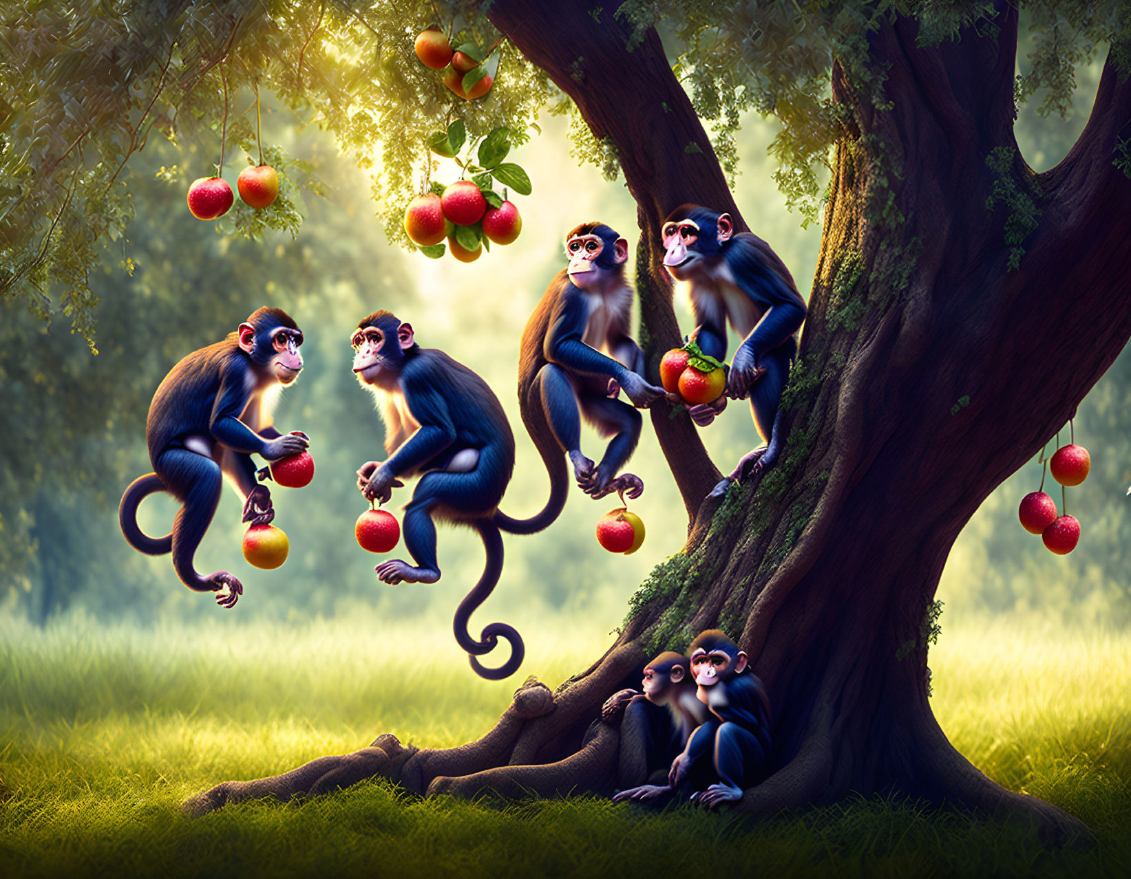 Monkeys with apples in lush greenery landscape