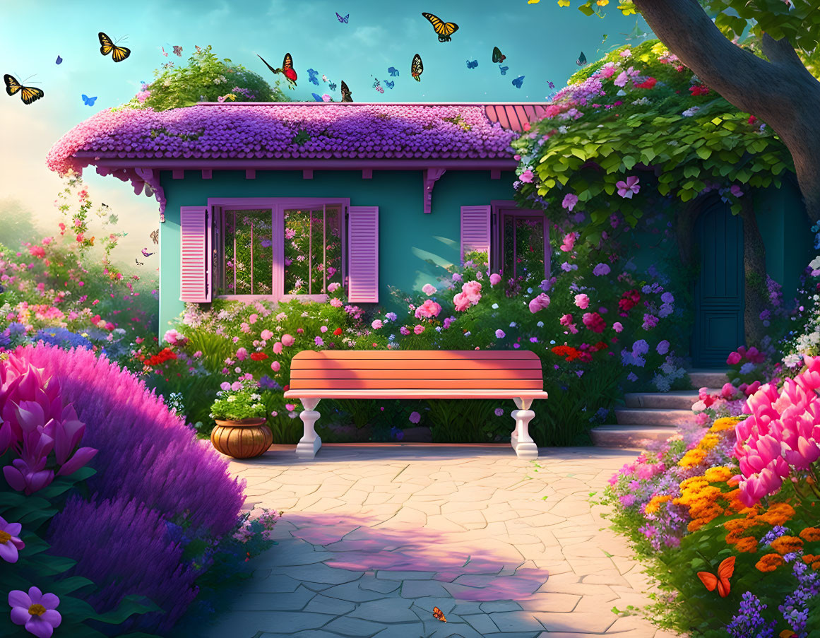 Purple House with Pink Shutters and Garden Bench amid Flowers and Butterflies