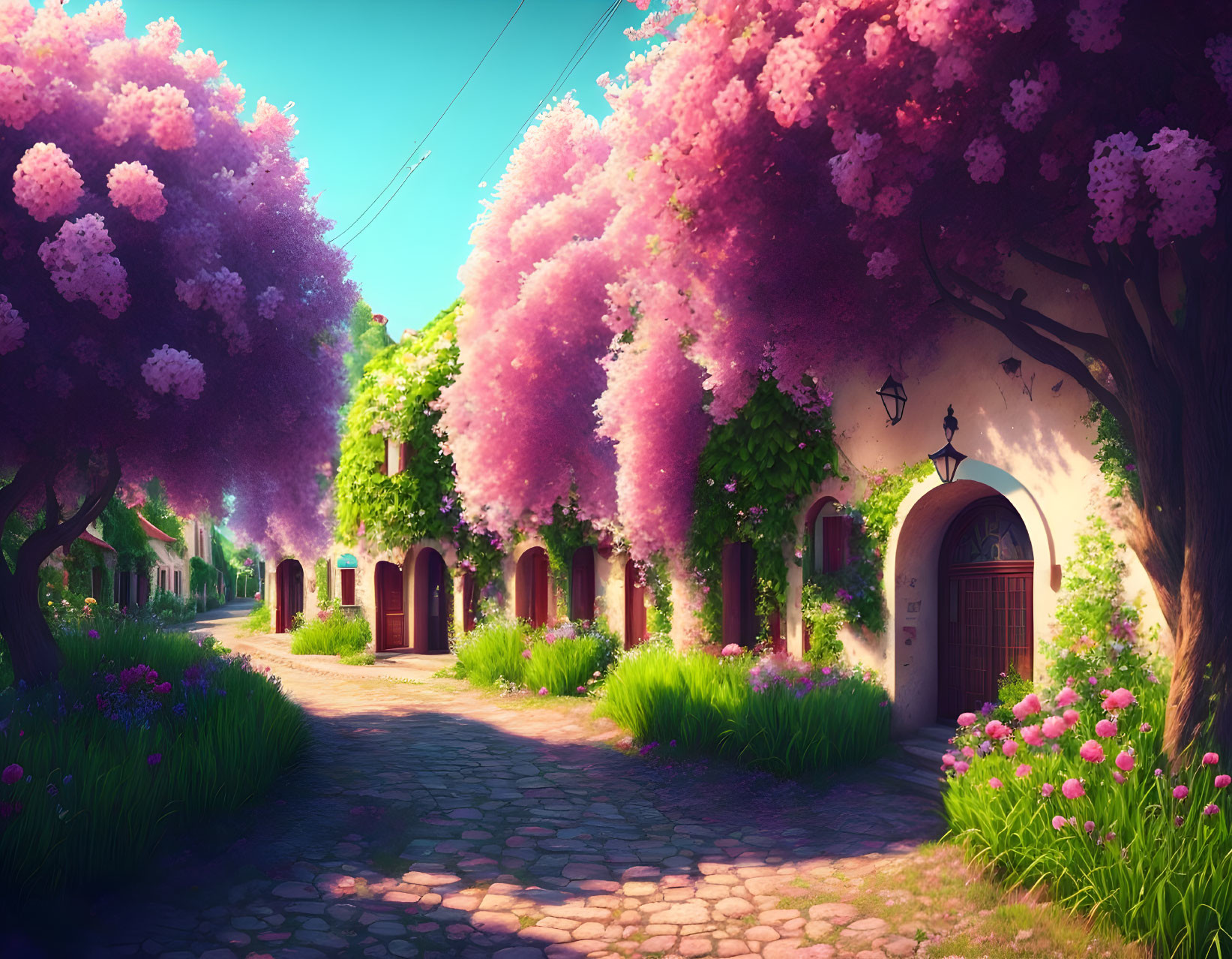 Charming cobblestone street with blooming purple trees