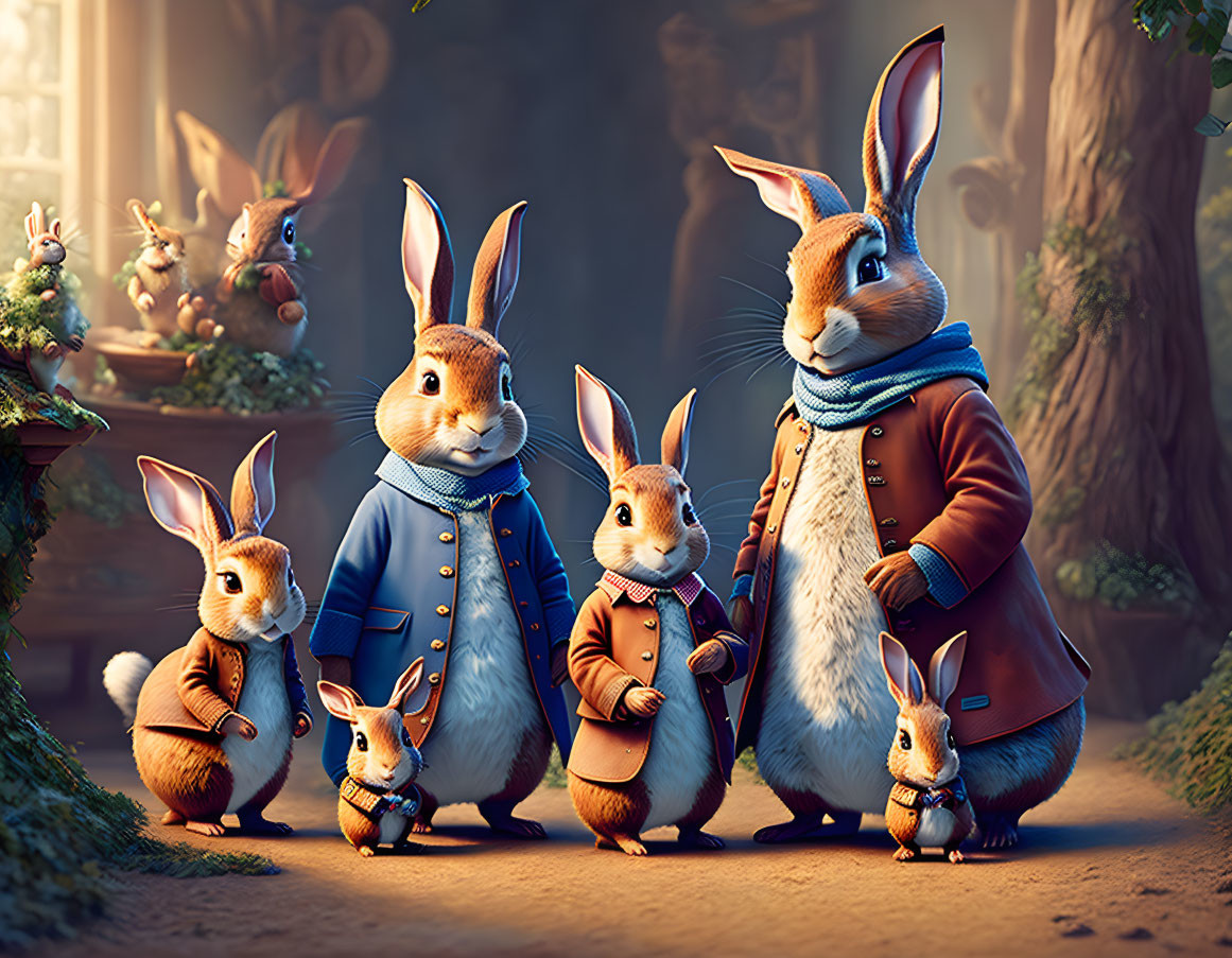 Anthropomorphic Rabbit Family in Vintage Clothing on Forest Path