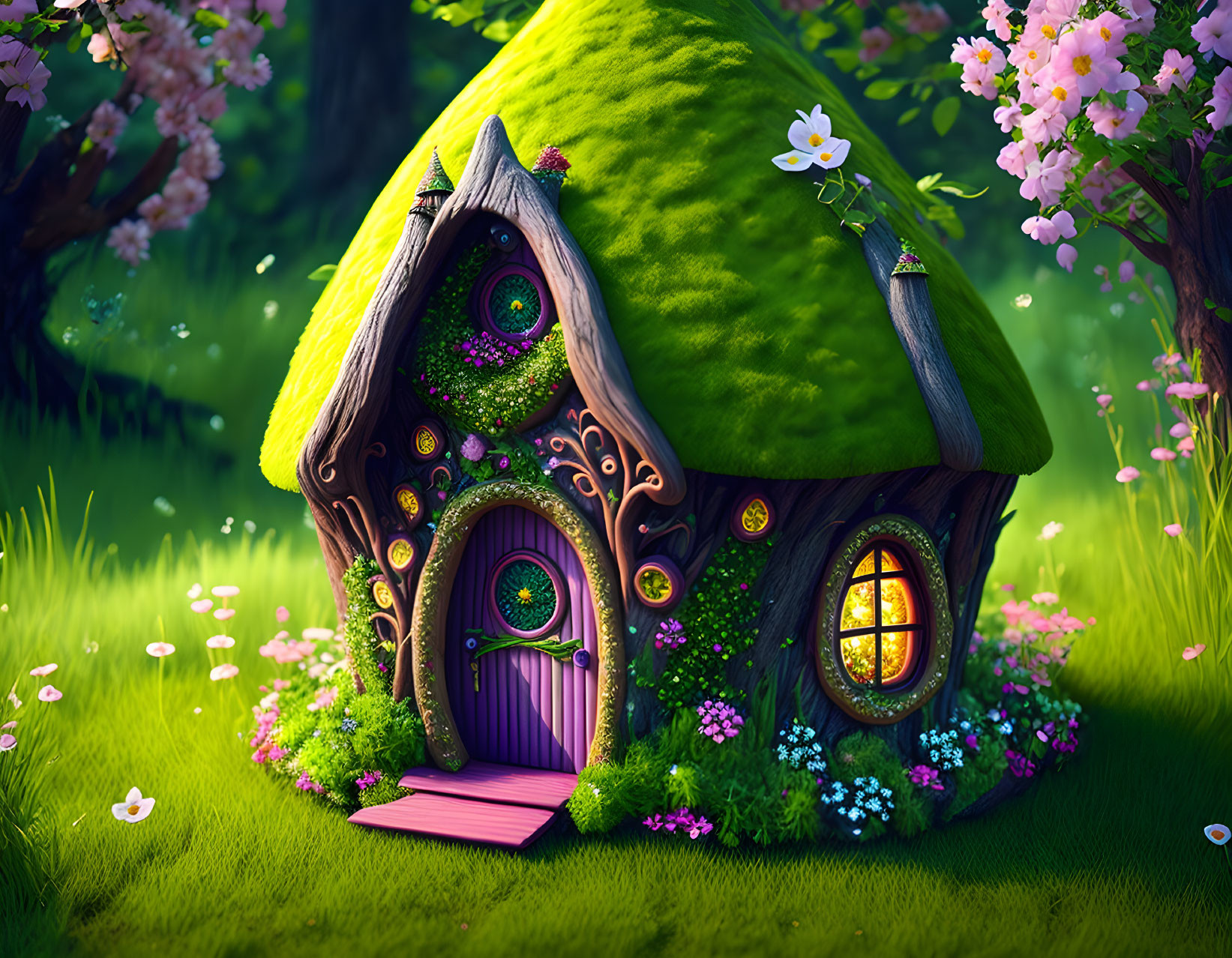 Colorful Cottage with Mossy Roof in Flower-Filled Glade