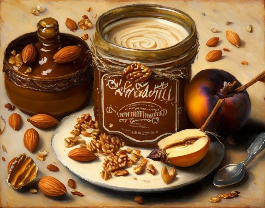 Nutella jar, almonds, walnuts, apple, and spoon on creamy surface