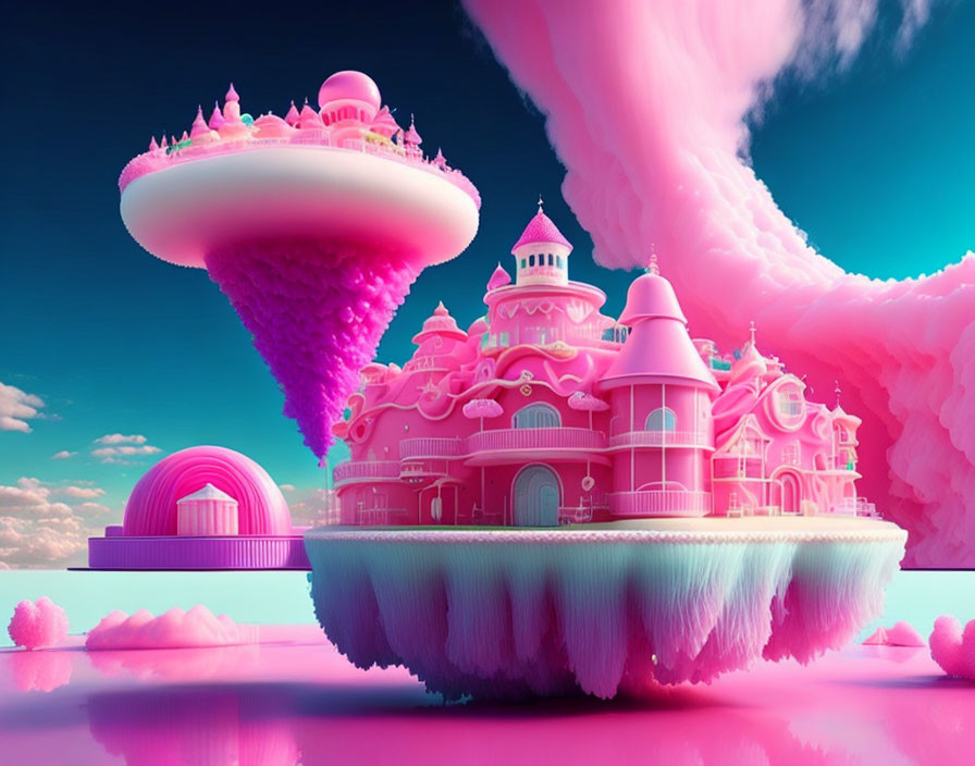 Vibrant pink fantasy landscape with candy-like castles on clouds