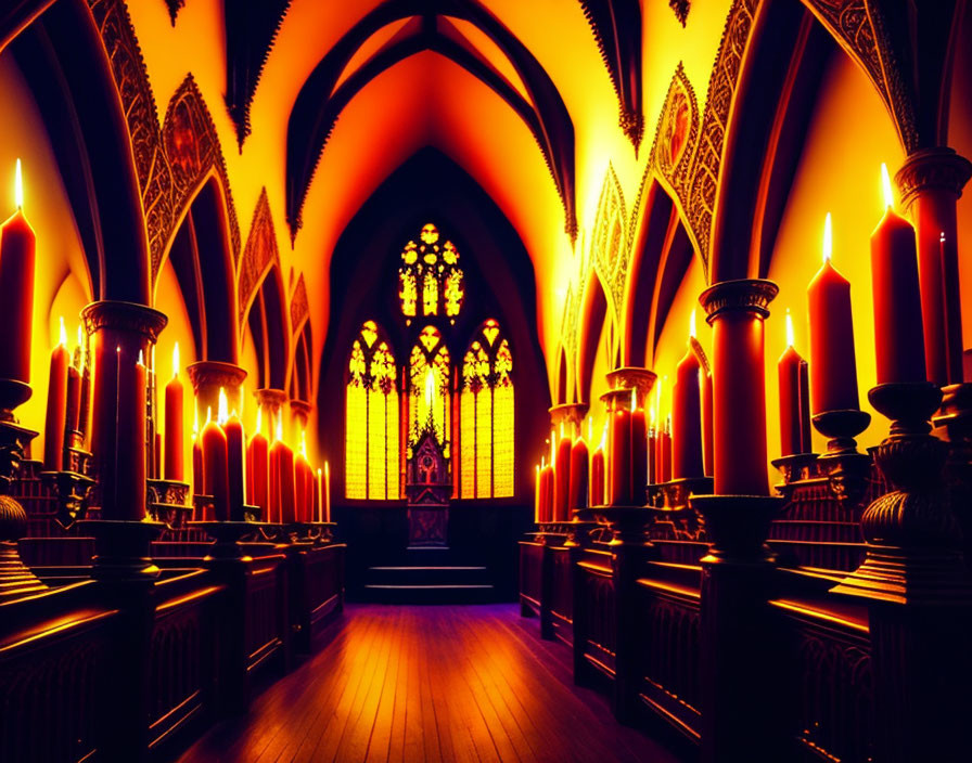 Gothic chapel interior with dramatic orange lighting