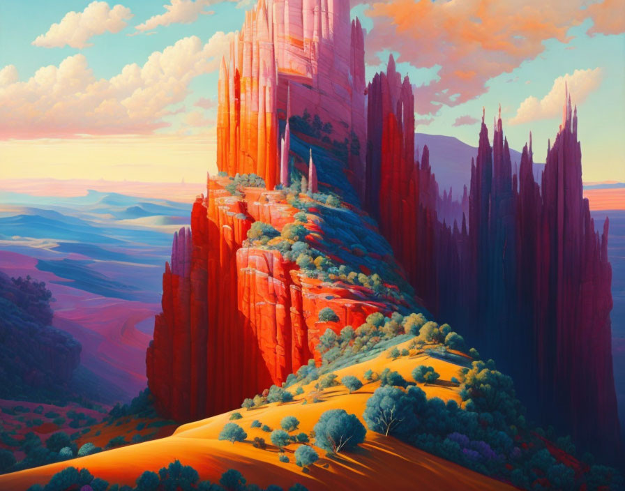 Colorful landscape with red cliffs, greenery, and warm sky