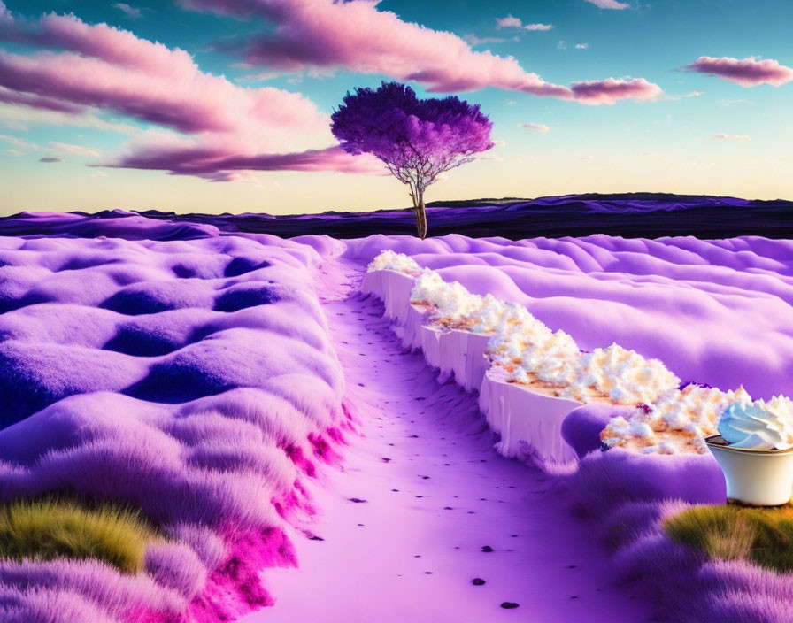 Surreal landscape with purple fluffy ground, white winding path, violet tree, and pink clouds.