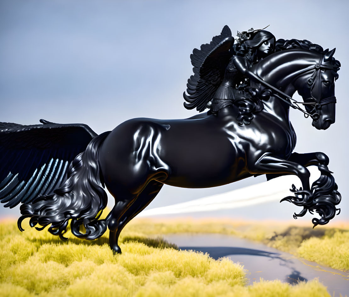 Black winged horse and rider with intricate wings in gallop against soft landscape