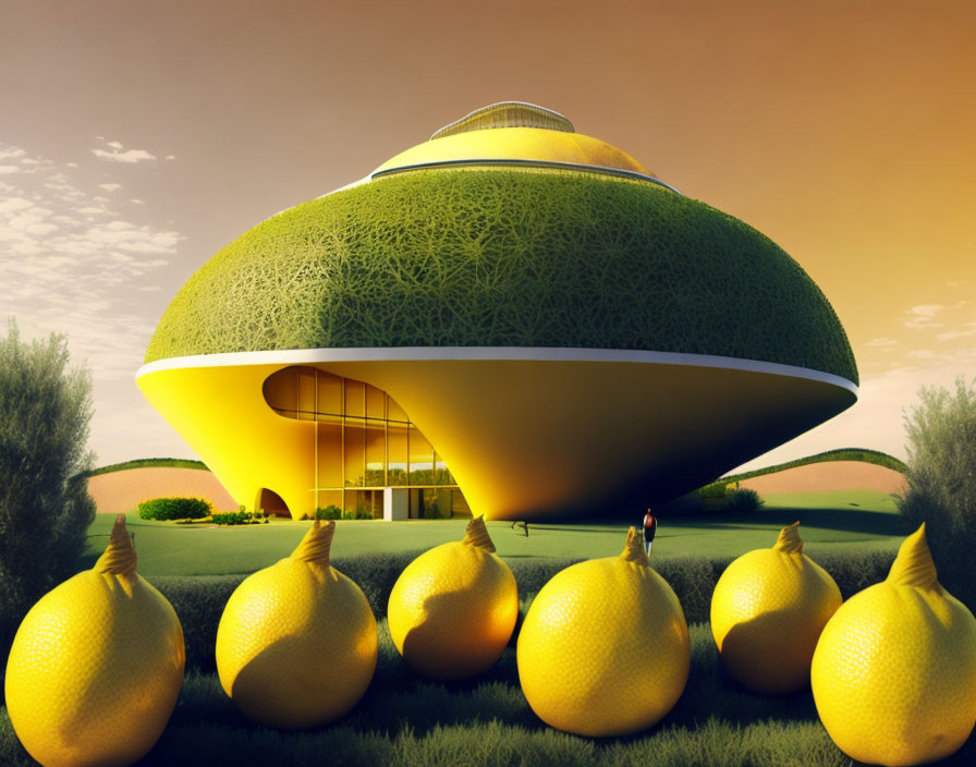 Avocado-Shaped Building in Futuristic Landscape at Dusk