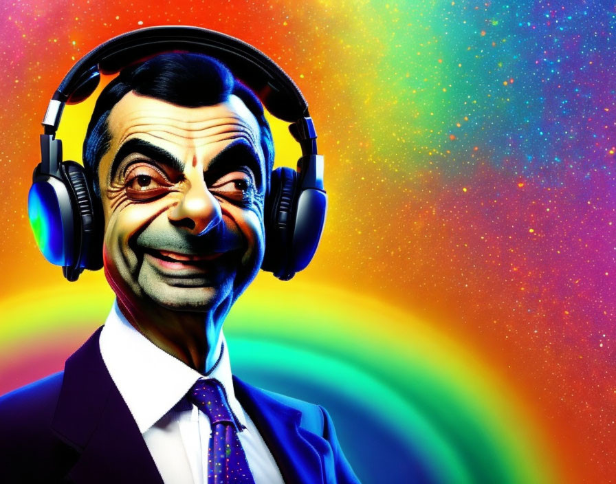 Colorful illustration: man in suit with headphones on neon cosmic backdrop