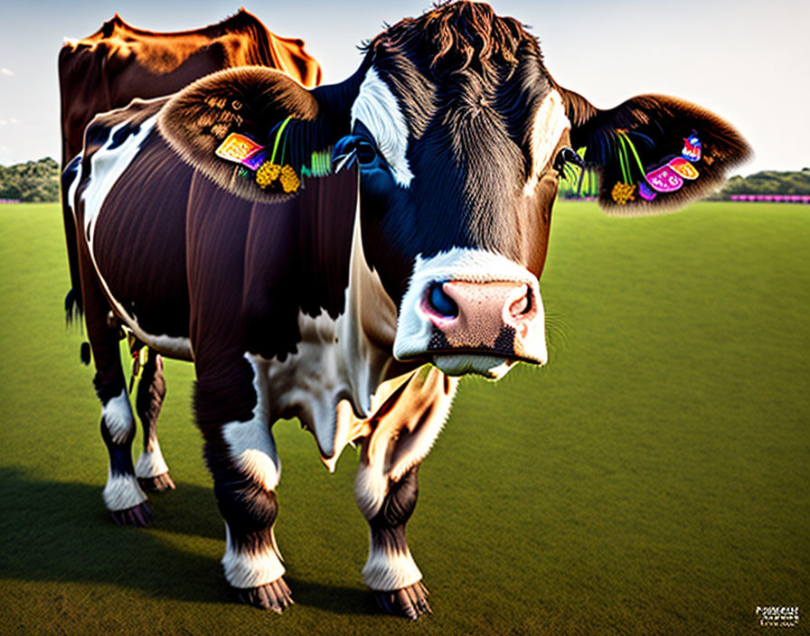 Digitally altered image of cow with oversized facial features and whimsical earrings in grassy field