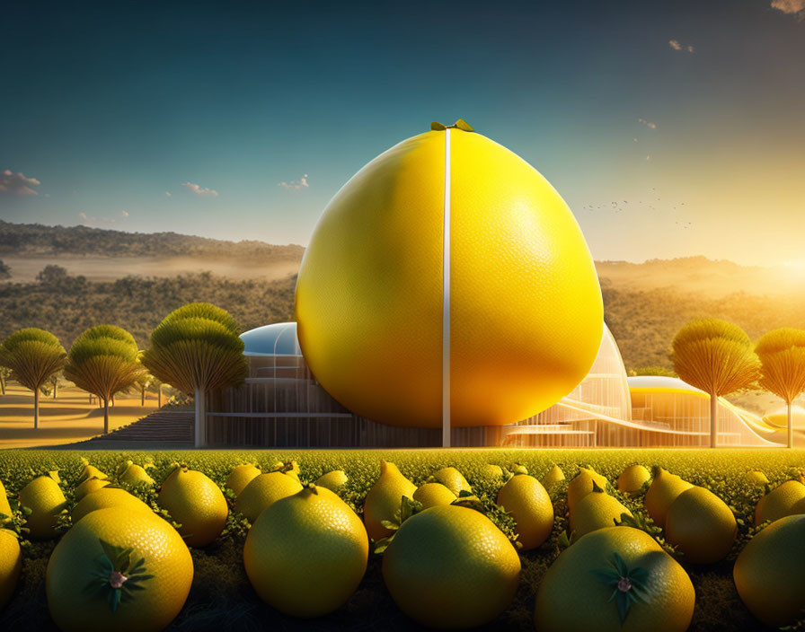 Surreal landscape with giant peeled orange structure and glowing sunrise