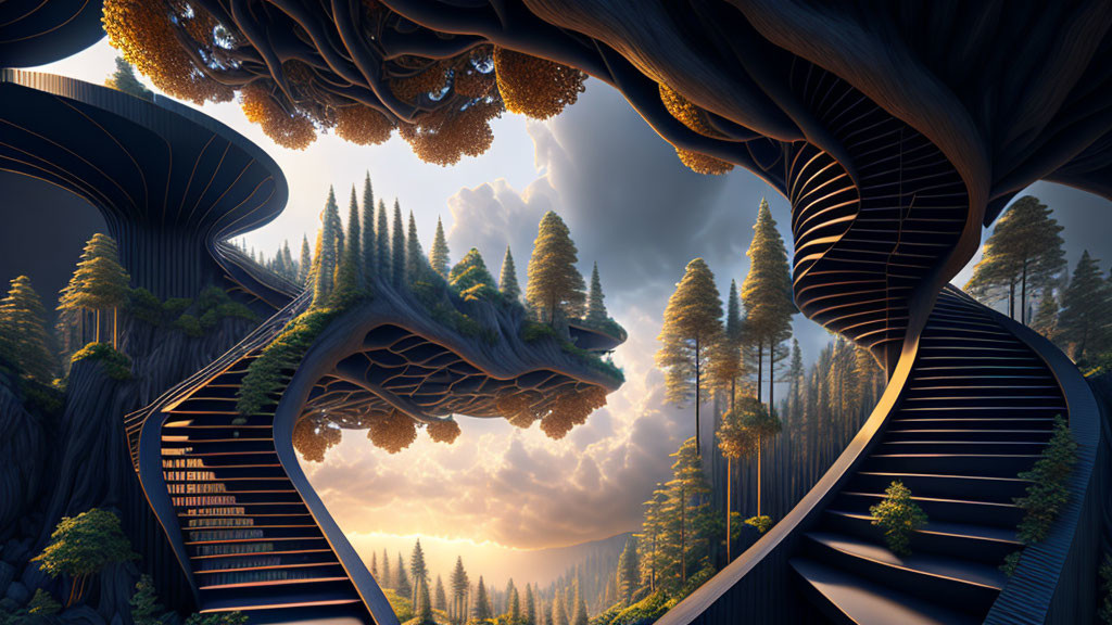 Surreal landscape with beehive structures and pine trees in a forest setting